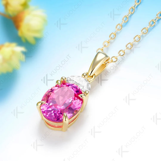Kuololit 3CT Lab Pink Sapphire Custom Set Necklace for Women Solid 14K 10K 585 Yellow Gold Necklace for Christmas Gifts Party