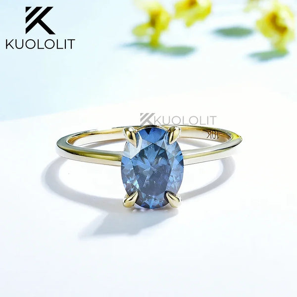 Kuololit 1.5CT Oval Dark Blue Moissanite Ring for Women Solid 14K 18K Yellow Gold