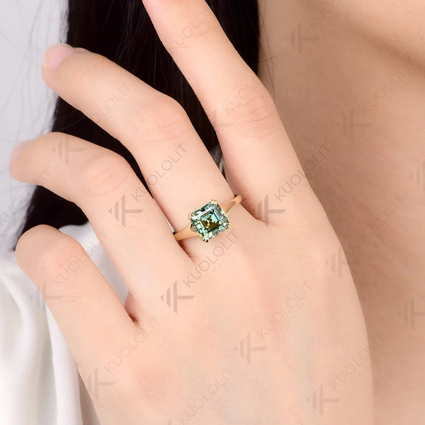 Kuololit 2.5CT Asscher Cut Moissanite Custom Ring for Women Solid 14K 10K 585 Yellow Gold for Engagement Wedding Christmas Gifts