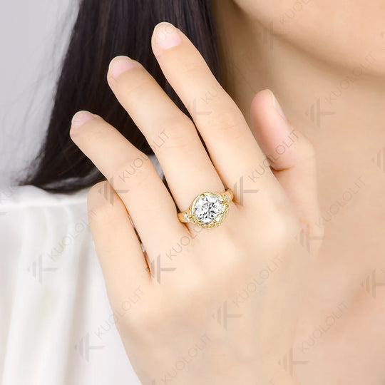 Kuololit 4CT Moissanite Custom Ring for Women Solid 14K 10K 585 Yellow Gold Engagement Chains Ring for Christmas Gift Party