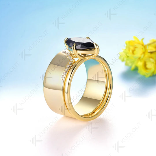 Kuololit 2CT Marquise Cut Black Moissanite Engagement Set Ring for Women Solid 18K 14K 585 Yellow Gold Bands Ring for Christmas