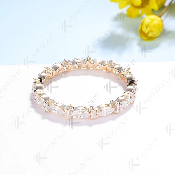 Kuololit Full Eternity Moissanite Band Rings for Women Men Solid 18K 14K 10K 925 Silver Yellow Gold for Anniversary Engagement