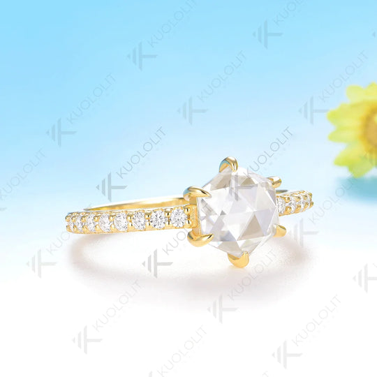 Kuololit 1.5CT Hexagon Rose Cut Moissanite Ring for Women Solid14K10K 585 Yellow Gold Engagement Ring for Anniversary Christmas