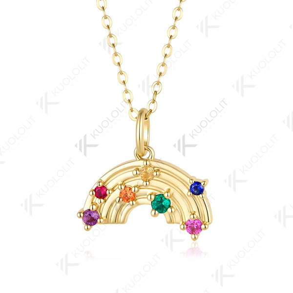 Kuololit Lab Grown Coloful Rainbow Gemstones Necklace for Women Solid 585 14K 10K Yellow Gold Custom Necklace for Christmas Gift