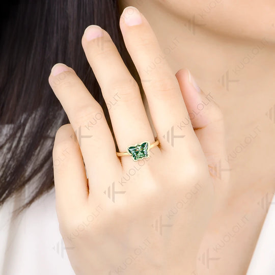 Kuololit 2CT Butterfly Cyan Moissanite Ring for Women Solid 14K 10K Yellow Gold Animal Cut Engagement for Christmas Gifts Party