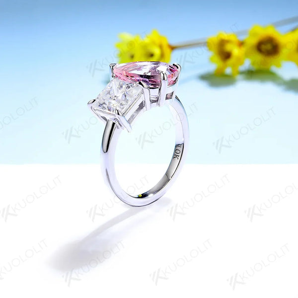 Kuololit Lab Grown Pink Sapphire Pear Cut Rings for Women 18K 14K White Gold Moissanite Princess Cut Ring for Engagement Party