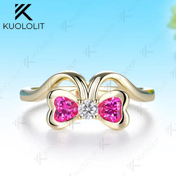 Kuololit 0.7CTW Lab Pink Sapphire Diamonds Heart Custom Ring for Women Solid 14K 10K 585 Yellow Gold for Christmas Gifts Party