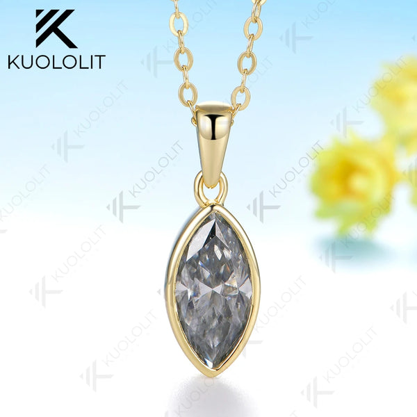 Kuololit 2CT Grey Moissanite Marquise Necklace for Women Solid 14K 10K Yellow Gold  Pedant for Engagement Christmas Gifts New