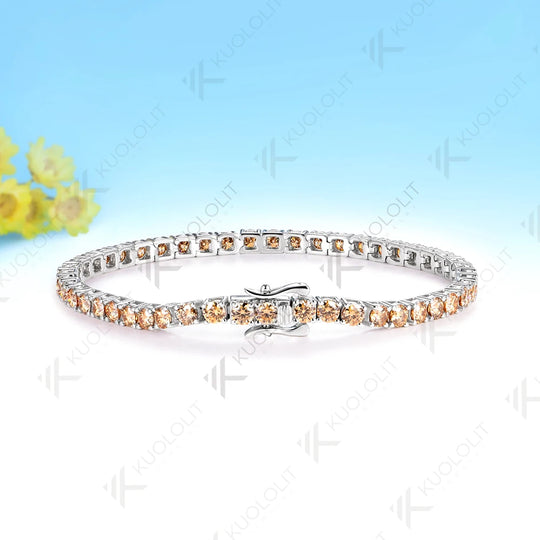Kuololit Champagne Cyan Moissanite Round 3.0MM Tennis Bracelet for Women Men 14K 10K 585 White Gold Tennis Bracelet for Engagement Christmas