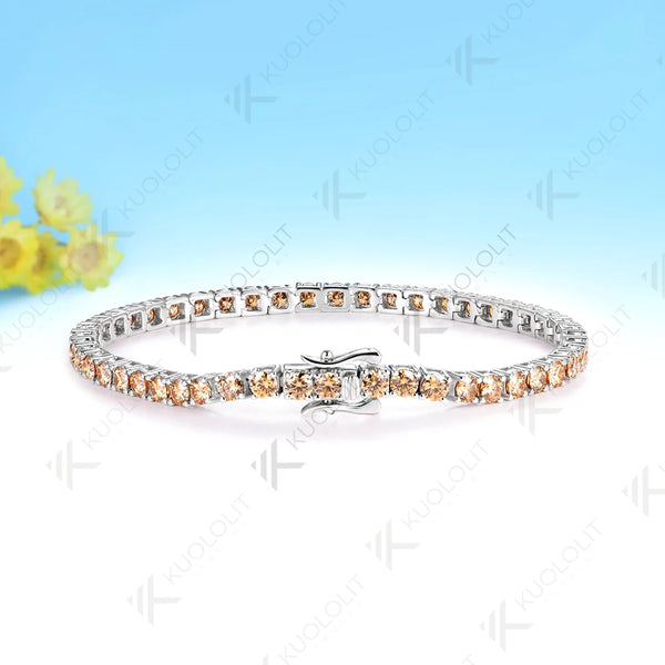 Kuololit Champagne Cyan Moissanite Round 3.0MM Tennis Bracelet for Women Men 14K 10K 585 White Gold Tennis Bracelet for Engagement Christmas