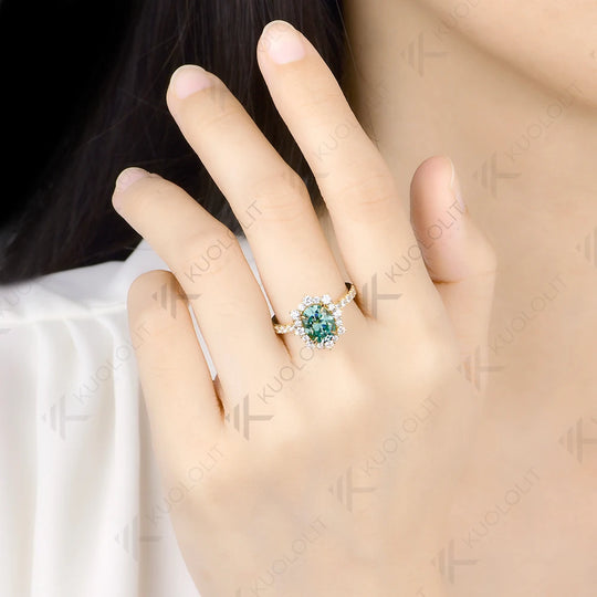 Kuololit 2CT Cyan moissanite Oval Ring for Women Solid 14K 10K 585 Yellow Gold Oval Cut Ring for Engagement Christmas Gifts