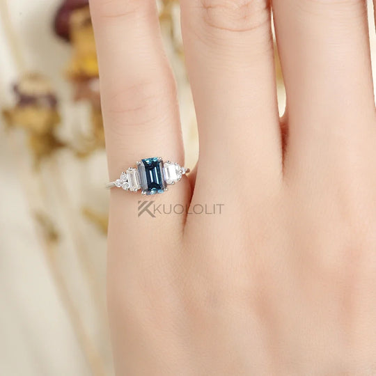 Kuololit 1CT Emerald Cut Blue Moissanite Ring for Women Solid 14K 10K White Gold