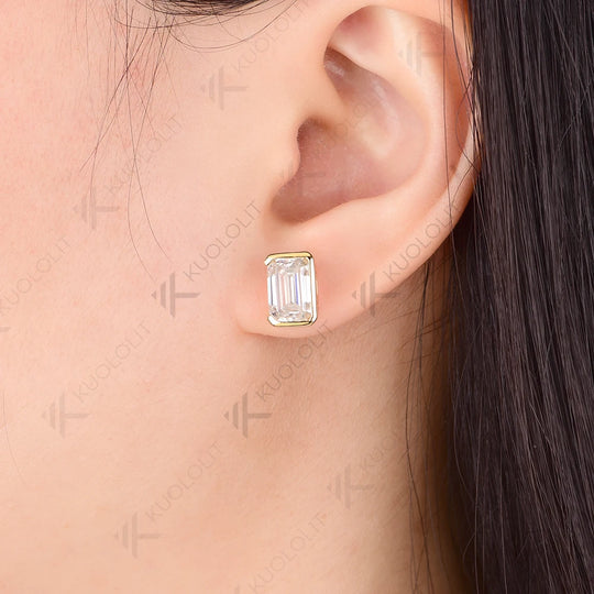 Kuololit 5CTW Emerald Moissanite Stud Earirngs for Women Solid 18K 14K 10K585 Yellow Gold Half Bezel Set Earriings for Christmas