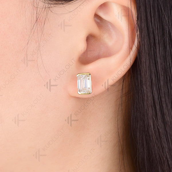 Kuololit 5CTW Emerald Moissanite Stud Earirngs for Women Solid 18K 14K 10K585 Yellow Gold Half Bezel Set Earriings for Christmas