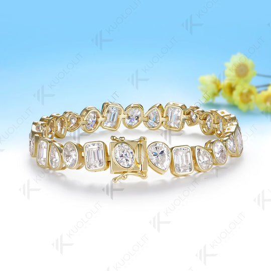 Kuololit 26.5CTW Heart Oval Pear Emerald Cut Moissanite Custom Bracelet for Women Men 14K 10K 585 Yellow Gold for Christmas Gift