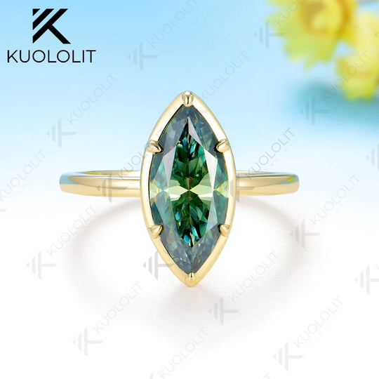 Kuololit 3ct Marquise Cyan Moissanite Ring for Women Solid 10K 14K Yellow Gold Engagement Ring for Christmas Gifts Engagement