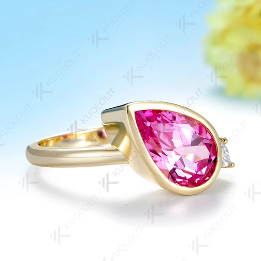 Kuololit 3.5CT Lab Grown Pink Sapphire Moissanite Custom Ring for Women Solid 14K 10K Yellow Gold Ring for Anniversary Christmas