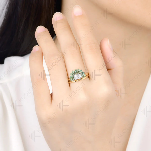 Kuololit 0.8CT Half Moon Cyan Mossanite Custom Ring for Women Solid 14K 10K 585 Yellow Gold Engagement Ring for Christmas Party