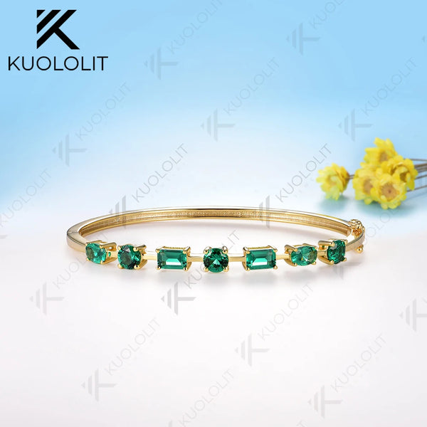 Kuololit Lab Grown Emerald Bangle for Women Solid 10K Yellow Gold Oval Shaped Gemstone Round Bracelet for Engagement Trendy Gift