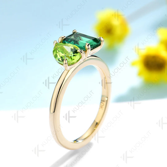 Kuololit 2CTW Lab Grown Emerald Natural Peridot Engagement Ring for Women Solid 14K 10K 585 Yellow Gold Ring for Christmas Gifts praty