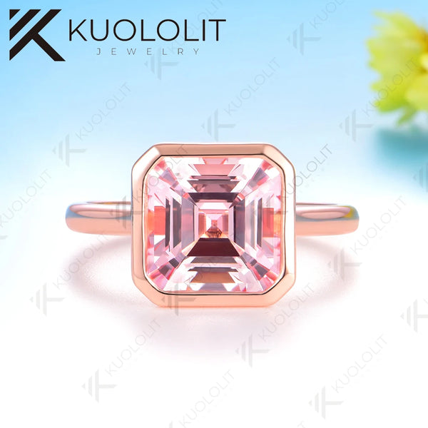 Kuololit 3.5CT Lab Grown Pink Sapphire Asscher Cut Ring for Women Solid 14K 10K 585 Rose Gold  for Engagement Wedding Christmas