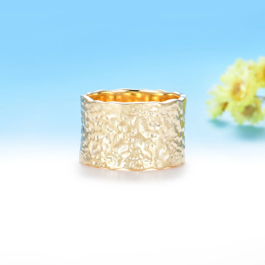 Kuololit 15mm Width Hammered Custom Ring for Men Women Solid10K Yellow Gold Handmade Ring for Anniversary Christmas Gifts Party
