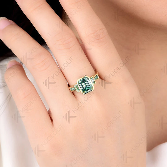 Kuololit 3CT Emerald Cut Cyan Moissanite Ring for Women Solid 14K 10K 585 Yelllow Gold Engagement Ring for Christmas Gifts Party