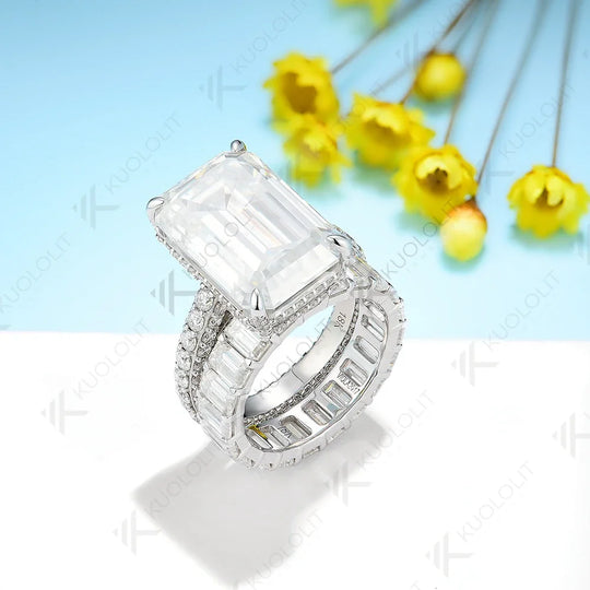 Kuololit 8.8CTW Moissanite Band Rings for Women PT950 Soild 14K 10K White Gold Emerald Luxury Band for Engagement Wedding Christmas