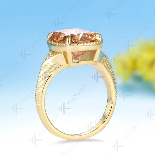 Kuololit 7CT OMC Cushion Champagne Custom Moissanite Ring for Women Solid 14K 10K 585 Yellow Gold for Christmas Gifts Party