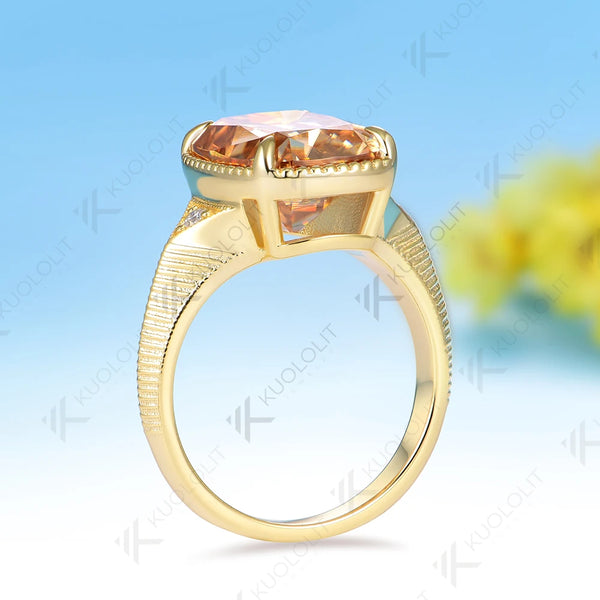 Kuololit 7CT OMC Cushion Champagne Custom Moissanite Ring for Women Solid 14K 10K 585 Yellow Gold for Christmas Gifts Party