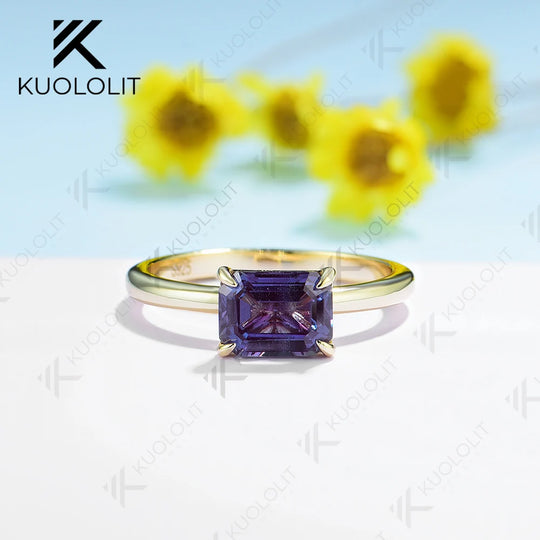 Kuololit 2CT Emerald Cut Lab Grown Alexandrite Gemstone Rings for Women Men Solid 18K14K10K YellowGold for Party Christmas Gifts