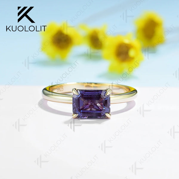Kuololit 2CT Emerald Cut Lab Grown Alexandrite Gemstone Rings for Women Men Solid 18K14K10K YellowGold for Party Christmas Gifts