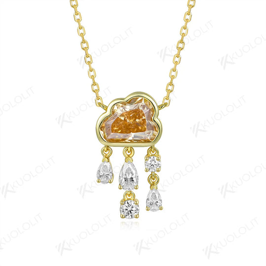 Kuololit 2CT Champagne Cyan Cloudy Moissanite Necklace for Women Solid 14K 10K 585 Rose Gold Wedding Necklace for Christmas Gift