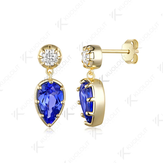 Kuololit 4.6CTW Lab Grown Blue Sapphire Custom Stud Earrings for Women Solid 14K 10K 585 Yellow Gold Pear Cut for Christmas Gift