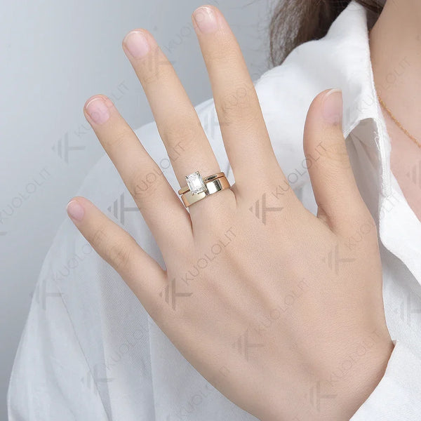 Kuololit 2ct Emerald Cut Ring Moissanite D/VVS1 Set Ring for Women Solid PT950 14K 10K Yellow Gold Luxury Wedding Christmas