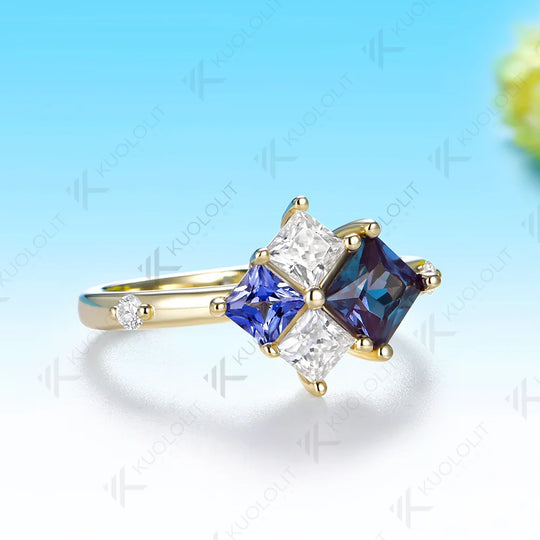 Kuololit Lab Grown Alexandrite Sapphire Moissanite Custom Ring for Women Solid 14K 10K 585 Yellow Gold for Christmas Gifts