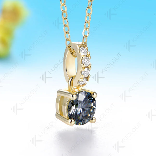 Kuololit 1CT Gray Moissanite Custom Necklace for Women Solid 585 14K 10K Yellow Gold Round Necklace for Christmas Gifts Party