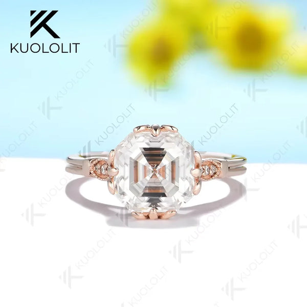 Kuololit 2.5ct Asscher Cut Moissanite Rings for Women PT950 Solid 14K 10K Rose Gold Solitaire Ring for Engagement Christmas Gift