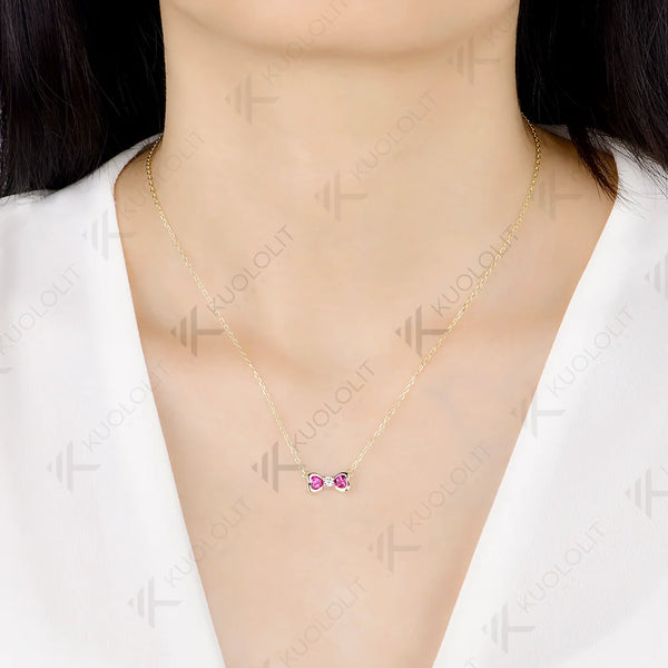 Kuololit 0.7CTW Lab Pink Sapphire Diamonds Heart Custom Necklace for Women Solid 585 14K 10K Yellow Gold Necklace for Christmas