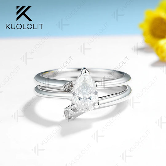 Kuololit 1CT Moissanite Ring for Women Solid 18K 14K 10K 585 White Gold Pear Set Ring for Engagement Christmas Anniversary Gift