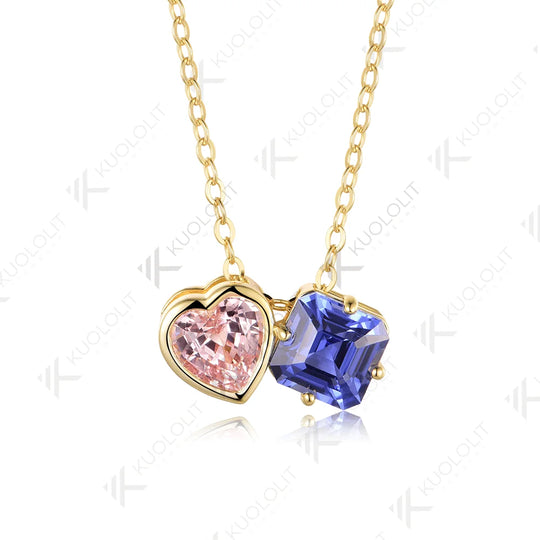 Kuololit 3CTW Lab Grown Blue Pink Sapphire Necklace for Women Solid 14K 10K 585 Yellow Gold Necklace for Christmas Gifts Party