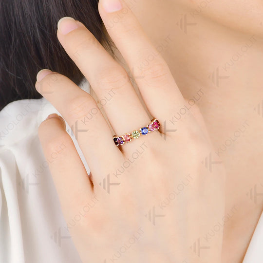 Kuololit Lab Grown Rainbow Sapphire Custom Ring Band for Women Solid 14K 10K 585 Yellow Gold Eternity Full Band for Christmas Gifts