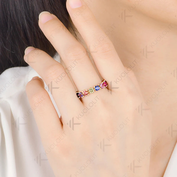 Kuololit Lab Grown Rainbow Sapphire Custom Ring Band for Women Solid 14K 10K 585 Yellow Gold Eternity Full Band for Christmas Gifts