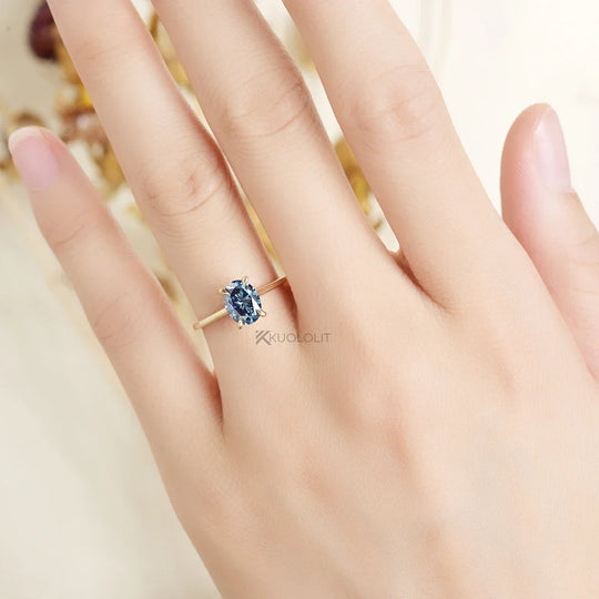 Kuololit 1.5CT Oval Dark Blue Moissanite Ring for Women Solid 14K 18K Yellow Gold