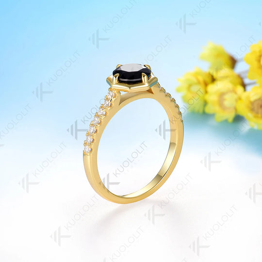 Kuololit 1CT Black Moissanite Engagement Ring for Women Solid 18K 585 Yellow Gold Round Cut Moissanite Bands Ring for Christmas