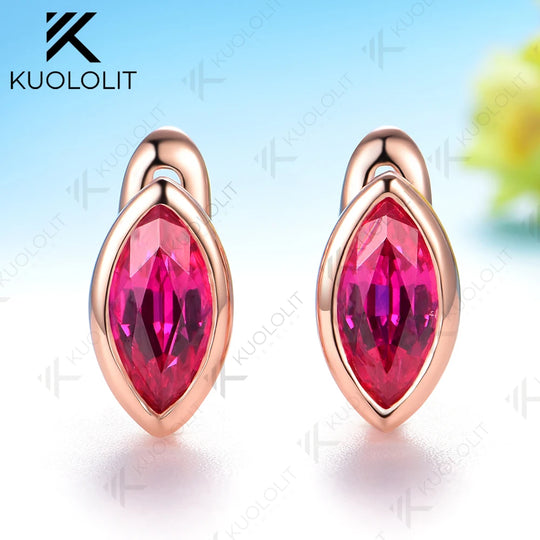 Kuololit 1CTW Marquise Moissanite Lab Grown Ruby Emerald Clip Earrings for Women Solid 14K10K 585 Rose Gold Earrings for Engagement Christmas Gifts