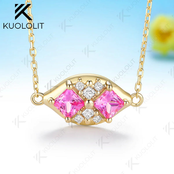 Kuololit 1.6CTW Lab Pink Sapphire Princess Cut Moissanite Custom Necklace for Women Solid 585 14K 10K Yellow Gold for Christmas
