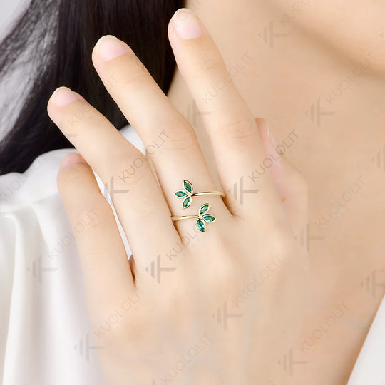 Kuololit Lab Grown Emerald Leaf Custom Ring for Women Solid 14K 10K 585 Yellow Gold Engagement Ring for Christmas Gift Party