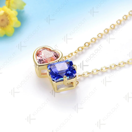 Kuololit 3CTW Lab Grown Blue Pink Sapphire Necklace for Women Solid 14K 10K 585 Yellow Gold Necklace for Christmas Gifts Party