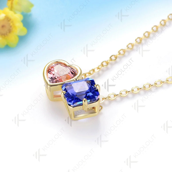 Kuololit 3CTW Lab Grown Blue Pink Sapphire Necklace for Women Solid 14K 10K 585 Yellow Gold Necklace for Christmas Gifts Party